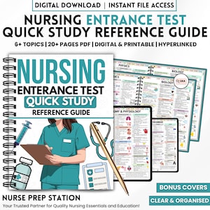 May include: A digital and printable nursing entrance test quick study reference guide. The cover features a nurse illustration, a syringe, and a stethoscope. The guide includes 6+ topics, 20+ pages, and is hyperlinked. Bonus covers are included.