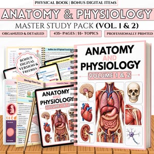 May include: Anatomy and Physiology Master Study Pack Volume 1 & 2 physical spiral-bound book with bonus digital items. The cover features a human torso, brain, skull, heart, kidney, and nerve cell illustrations with the text Anatomy and Physiology.