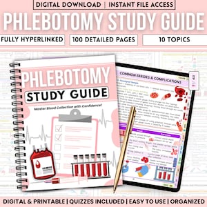 May include: A spiral-bound "Phlebotomy Study Guide" with the title in large pink letters. The cover features a blood bag, test tubes, and a syringe. The guide includes 100 detailed pages and 10 topics. The text reads "Digital Download | Instant File Access".