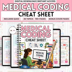 Può includere: Un cheat sheet di codifica medica scaricabile digitalmente con il titolo in rosa e bianco. L'immagine include un taccuino a spirale, tablet e una donna che lavora su un computer. Il testo include "Quiz incluso", "26 argomenti" e "Oltre 110 pagine".