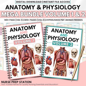 May include: Two spiral-bound books titled "Anatomy and Physiology" Volume 1 and 2. The covers feature anatomical illustrations of the human body, including the brain, heart, and lungs. The text reads "MEGA BUNDLE VOLUME 1 & 2".