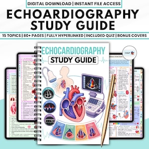 May include: A spiral-bound echocardiography study guide featuring a central illustration of a human heart, an ultrasound probe, and a monitor. The cover displays the text ECHOARDIOGRAPHY STUDY GUIDE, with additional pages showing medical diagrams.