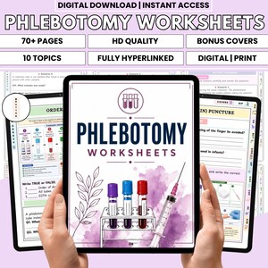 Könnte beinhalten: Ein digitaler Download von Phlebotomie-Arbeitsblättern, die auf einem Tablet angezeigt werden. Das Bild zeigt den Titel "Phlebotomy Worksheets" mit Reagenzgläsern und einer Spritze. Zusätzlicher Text enthält "70+ Seiten", "HD-Qualität" und "Bonus-Cover".
