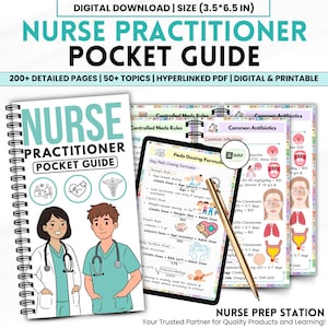 Könnte beinhalten: Ein digitaler Download mit dem Titel "Nurse Practitioner Pocket Guide". Das Bild zeigt ein Spiralnotizbuch mit Illustrationen und Text sowie ein Tablet und mehrere Referenzkarten. Der Leitfaden enthält detaillierte Seiten und Themen.
