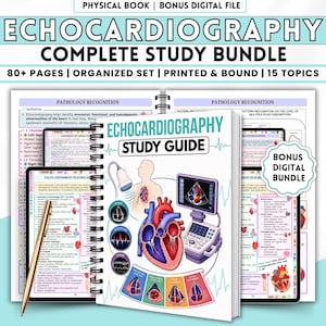 May include: A complete echocardiography study bundle with 80+ pages, organized set, printed and bound. The cover features the title "ECHOCARDIOGRAPHY STUDY GUIDE" with illustrations of the heart and ultrasound equipment. Includes a bonus digital bundle.