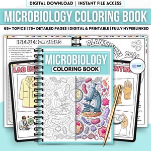 Puede incluir: Un libro de colorear digital de microbiología con encuadernación en espiral, que presenta una portada con un microscopio y varios microorganismos. Las páginas muestran contenido educativo sobre virus, bacterias y equipo de laboratorio.