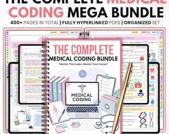 Puede incluir: Un paquete digital de codificación médica con más de 400 páginas de PDF hipervinculados. La portada muestra una computadora portátil, libros, un estetoscopio y un cuaderno con el texto THE COMPLETE MEDICAL CODING BUNDLE.