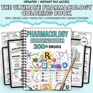 Puede incluir: Un "Libro para colorear de farmacología" encuadernado en espiral con el título en letras turquesas grandes. La portada presenta ilustraciones de pastillas, un mortero y un pilón, y un símbolo de receta. El libro incluye más de 200 fármacos y más de 220 páginas.
