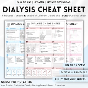 Peut inclure: Un ensemble de fiches de triche pour dialyse numérique comprenant 11 pages imprimables avec des sections organisées pour les bases de la dialyse, les ordres de traitement, les valeurs de laboratoire, les médicaments et les conversions de mesures.