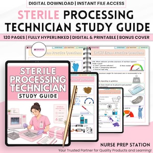 Può includere: Una guida allo studio digitale per tecnici di sterilizzazione con 120 pagine, collegamenti ipertestuali e una copertina bonus. La copertina mostra un tecnico con strumenti medici, mentre le pagine interne contengono domande d'esame.