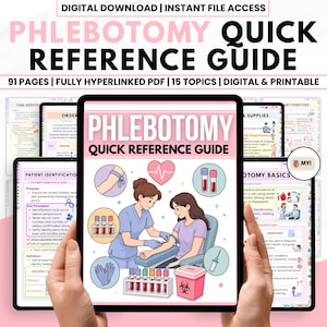 Puede incluir: Descarga digital de una guía de referencia rápida de flebotomía. La guía presenta 91 páginas, 15 temas y está totalmente hipervinculada. La imagen muestra a una persona extrayendo sangre de otra, con suministros médicos y texto.