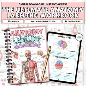 May include: A spiral-bound anatomy labeling workbook and a tablet displaying anatomy diagrams. The workbook cover features a human anatomy illustration. A gold pen rests on the pages. The text reads "The Ultimate Anatomy Labeling Workbook".
