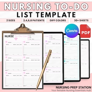 Puede incluir: Una plantilla de lista de tareas de enfermería en un portapapeles con un bolígrafo dorado. El documento incluye secciones para datos del paciente, habitaciones, estado de reanimación y medicamentos. Texto: NURSING TO-DO LIST TEMPLATE, 2 SIZES, 2,4,6,8 PATIENTS, DIFF COLORS, 30+ SHEETS, CANVA, PDF, NURSING PREP STATION.
