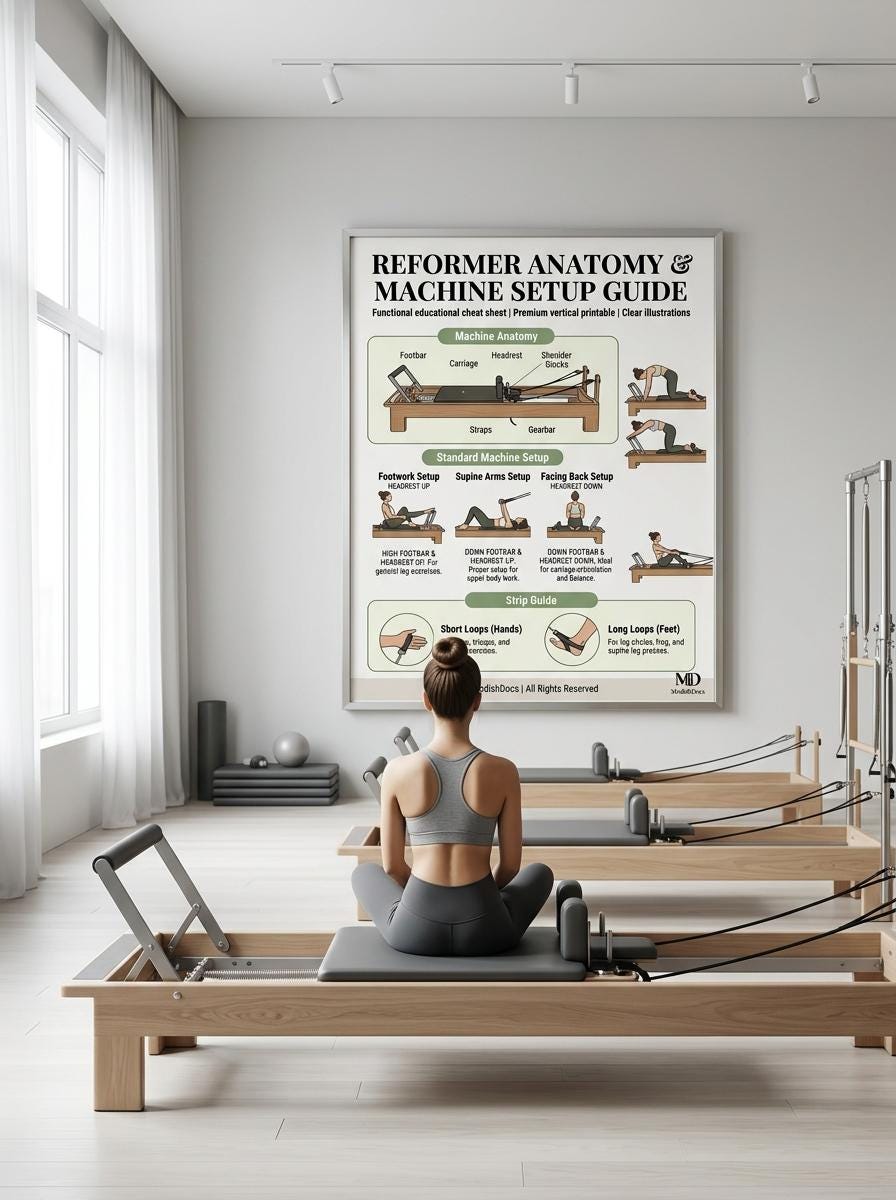 Machine Setup Guide Design Reformer Anatomy & Machine Setup Guide - Pilates Cheat Sheet Poster ...