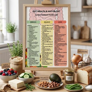 May include: A wooden easel displays a low-FODMAP food list, with sections for 'Embrace,' 'Balance,' and 'Avoid.' The image includes bowls of berries, cucumbers, and almonds, along with a loaf of bread and a jar of lentils. The text reads: 'Visualizing Low-FODMAP: Your Optimized Gut Health Journey.'