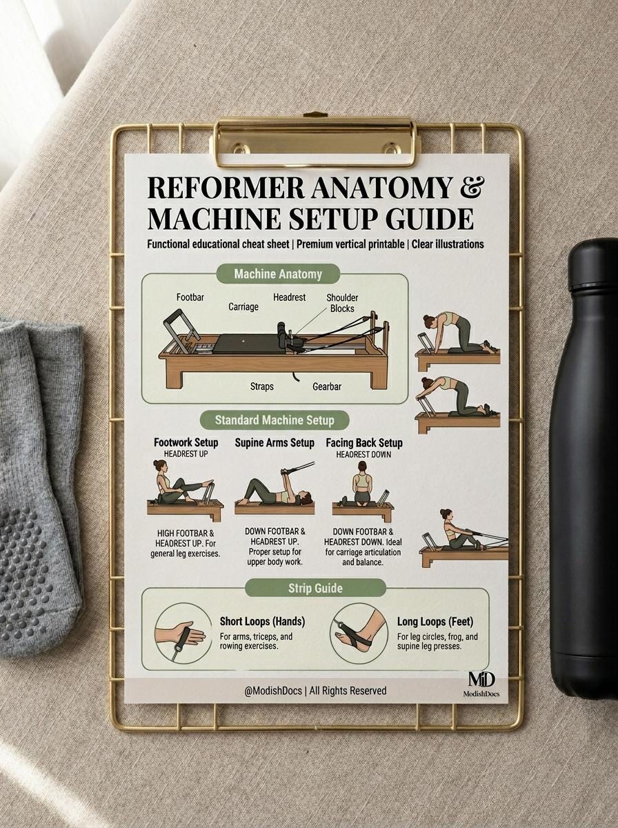 Machine Setup Guide Examples Documents Reformer Anatomy & Machine Setup Guide - Pilates Cheat Sheet Poster ...