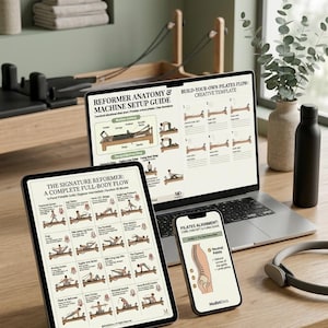 May include: A laptop, tablet, and smartphone display Pilates guides on a wooden desk. The laptop shows a "Reformer Anatomy & Machine Setup Guide" and "Build-Your-Own Pilates Flow" template. The tablet displays "The Signature Reformer: A Complete Full-Body Flow". The phone shows "Pilates Alignment".