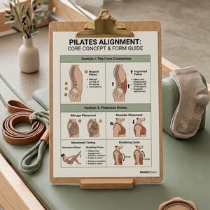 May include: A wooden clipboard displays a Pilates alignment guide with anatomical illustrations and text. The guide covers core concepts, form, and precision points. A pair of brown socks and a leather strap are also visible.