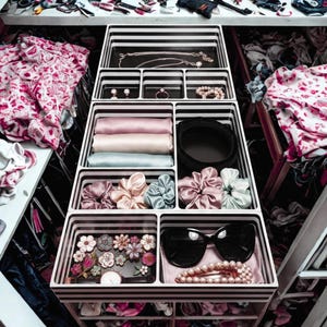 May include: A black and white striped organiser filled with jewellery, hair accessories, and sunglasses. The organiser contains necklaces, earrings, rings, scrunchies, and a watch. The sunglasses are black and the scrunchies are various pastel colours.