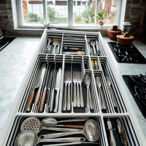 May include: A kitchen drawer with a black and white striped organiser, containing an assortment of stainless steel cutlery and utensils. The drawer is filled with knives, forks, spoons, ladles, and other cooking tools, neatly arranged.