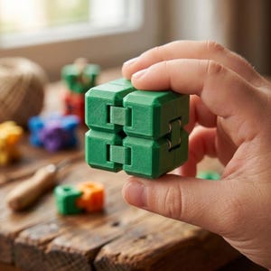 Può includere: Un cubo fidget verde è tenuto in mano, mostrando il suo design ad incastro. Altri giocattoli fidget colorati sono visibili su una superficie di legno. Il cubo è composto da diversi blocchi collegati.