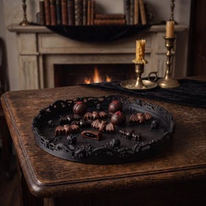 May include: A round black decorative tray with an ornate filigree edge, holding an assortment of dark chocolate sweets shaped like bats and skulls, along with round truffles topped with small red accents, arranged on a dark surface.