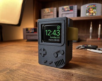 Retro gameboy-stijl Apple Watch-oplaadstandaard, 3D-geprint handheld console-horlogedock, gamer-bureauaccessoire, nostalgische nachtkastjehouder