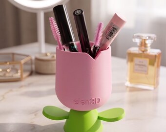 Tulip Makeup Brush Holder, Cute Cotton Pad Dispenser, Pink Flower Vanity Organizer, 3D Printed Desk Decor, Aesthetic Room Storage Gift