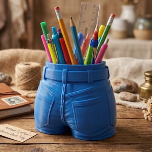 Funny Denim Shorts Pen Holder, Blue Jeans Desk Organizer, Unique Desk Accessory Gift