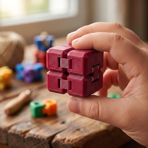 May include: A burgundy fidget cube is held in a hand. The cube is made of interlocking pieces. Other colourful fidget toys are visible in the background on a wooden surface. The cube is a puzzle toy.