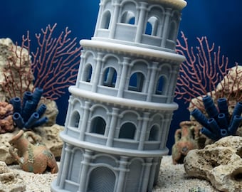 Decorazioni per acquario stampate in 3D, rifugio per pesci a forma di torre pendente, ornamento per acquario, paesaggio acquatico con rovine romane, grotta per pesci Betta, accessori per animali domestici