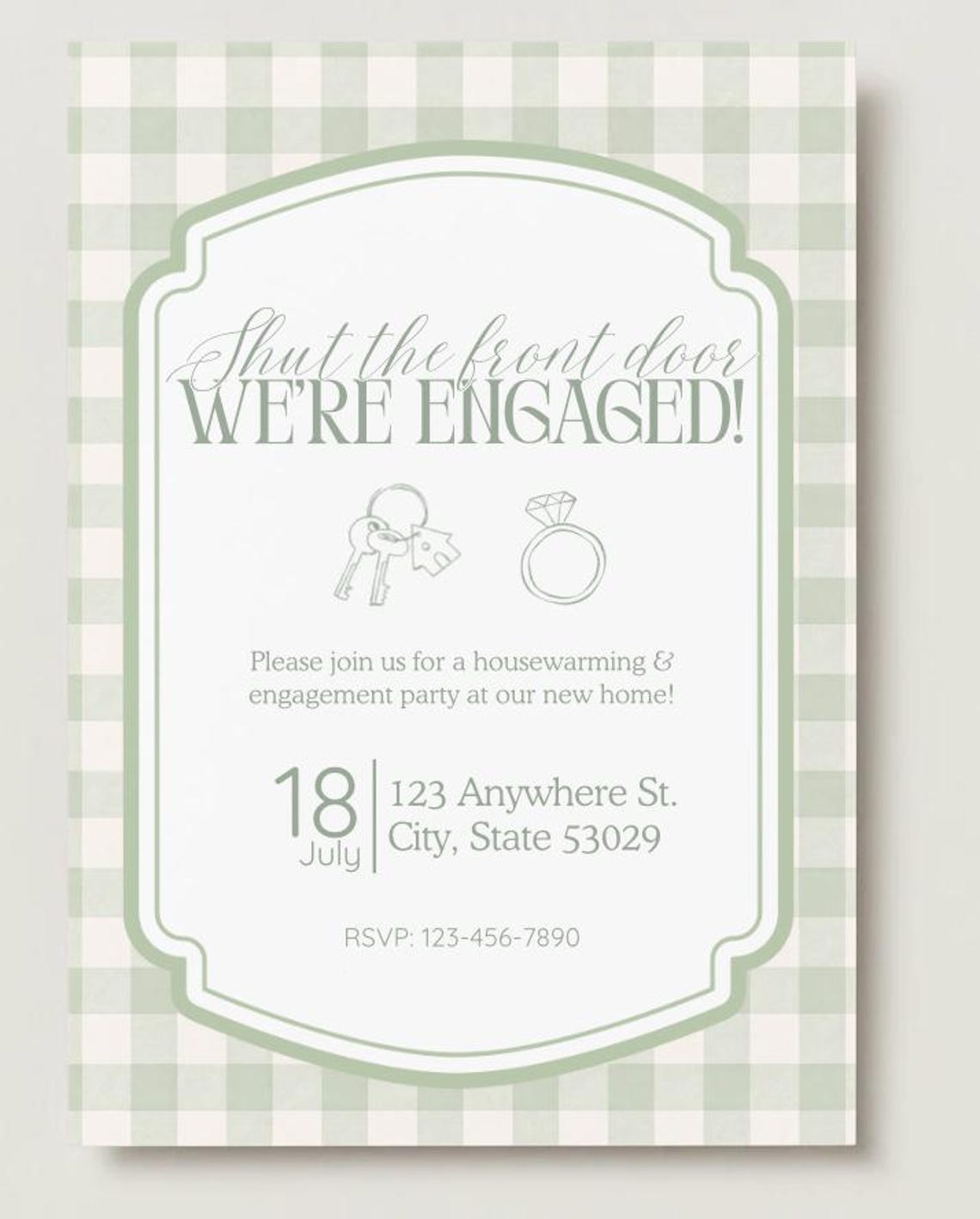 Editable Housewarming Engagement Invitation | Sage Gingham "shut the ...