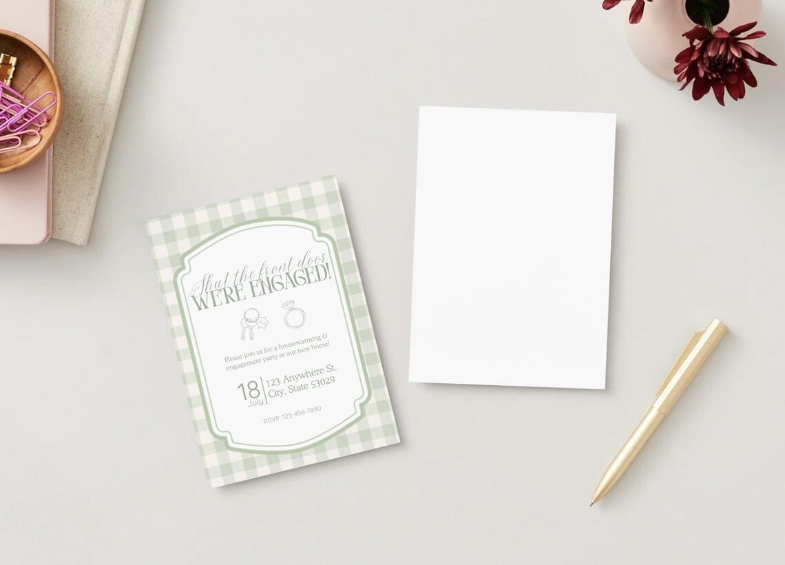 Editable Housewarming Engagement Invitation | Sage Gingham "shut the ...