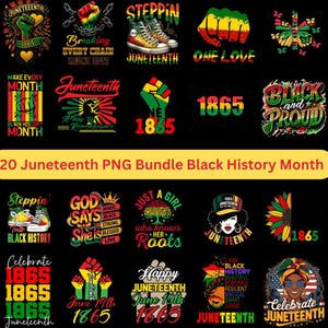 May include: A collection of 20 Juneteenth PNG graphics with themes of Black History Month. Designs include fists, sneakers, and text such as "One Love," "Black and Proud," and "Celebrate Juneteenth." The color palette features red, yellow, green, and black.