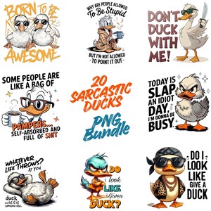 Könnte beinhalten: Eine Sammlung von Cartoon-Enten-Illustrationen mit verschiedenen Ausdrücken und Texten. Die Designs zeigen Enten mit Sonnenbrillen, die Waffen halten, und mit Sätzen wie "Don't Duck With Me!" und "20 Sarcastic Ducks PNG Bundle."
