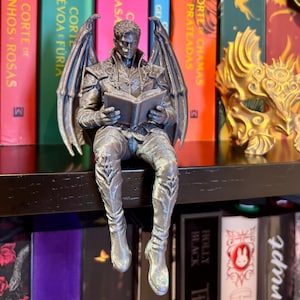 Pode incluir: Uma estatueta prateada de uma figura masculina alada lendo um livro, pousada em uma prateleira preta. A estatueta tem armadura e asas detalhadas. Livros com lombadas coloridas ao fundo.