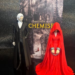 Puede incluir: Dos figuras frente a la portada de un libro titulada SenLinYu CHEMIST. La figura de la izquierda tiene el pelo blanco y viste un abrigo largo y chaleco negros. La figura de la derecha lleva una capa con capucha roja y un vestido con grilletes plateados.
