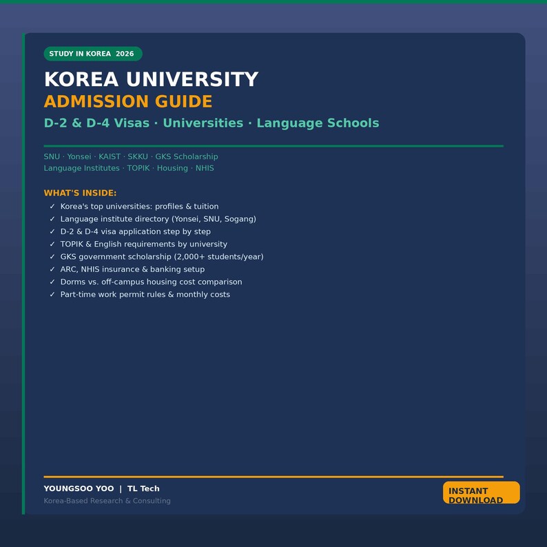Peut inclure: Un guide bleu marine intitul&eacute; "KOREA UNIVERSITY ADMISSION GUIDE" avec le texte "Study in Korea 2026". Le guide r&eacute;pertorie des informations sur les visas, les universit&eacute;s et les &eacute;coles de langues. Il comprend des d&eacute;tails sur les frais de scolarit&eacute;, les bourses et les permis de travail. Un bouton "T&eacute;l&eacute;chargement instantan&eacute;" est visible.