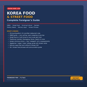 May include: A digital guide titled "KOREA FOOD & STREET FOOD" for foreigners, with a dark blue background. The guide includes information on dining etiquette, street food, markets, and Korean phrases. It also features a section on vegetarian and halal options.
