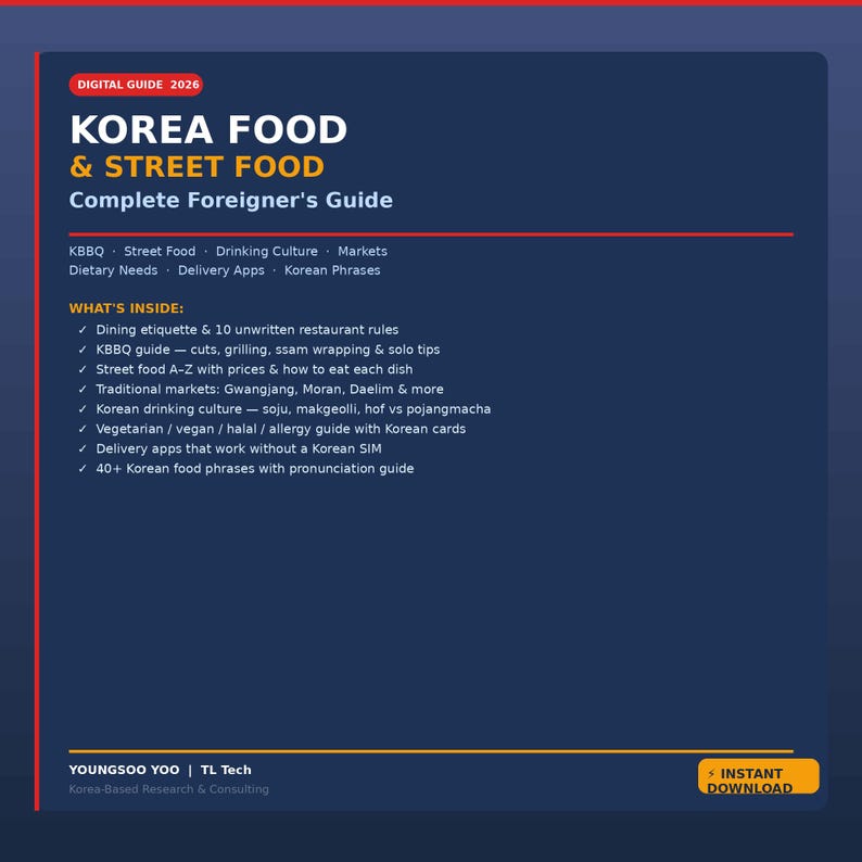May include: A digital guide titled "KOREA FOOD & STREET FOOD" for foreigners, with a dark blue background. The guide includes information on dining etiquette, street food, markets, and Korean phrases. It also features a section on vegetarian and halal options.