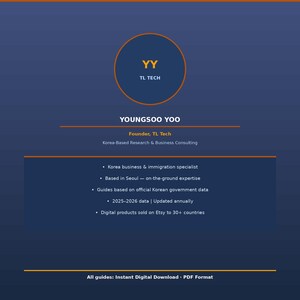 May include: A digital product advertisement with a dark blue background. The text includes "YY TL TECH" in a circle, "YOUNGSOO YOO, Founder, TL Tech", and bullet points detailing services like Korea business and immigration expertise. The bottom text reads "All guides: Instant Digital Download - PDF Format."