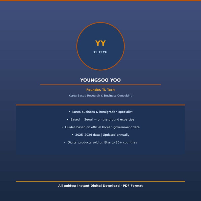 May include: A digital product advertisement with a dark blue background. The text includes "YY TL TECH" in a circle, "YOUNGSOO YOO, Founder, TL Tech", and bullet points detailing services like Korea business and immigration expertise. The bottom text reads "All guides: Instant Digital Download - PDF Format."
