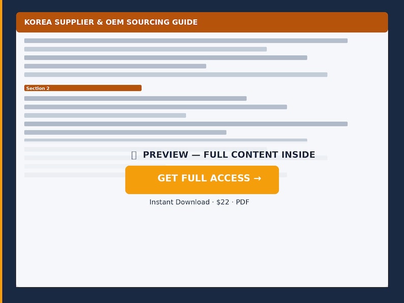 Puede incluir: Una gu&iacute;a digital titulada "KOREA SUPPLIER & OEM SOURCING GUIDE" con una opci&oacute;n de vista previa. La gu&iacute;a presenta un fondo blanco con l&iacute;neas grises y acentos naranjas. Un bot&oacute;n naranja prominente dice "GET FULL ACCESS".