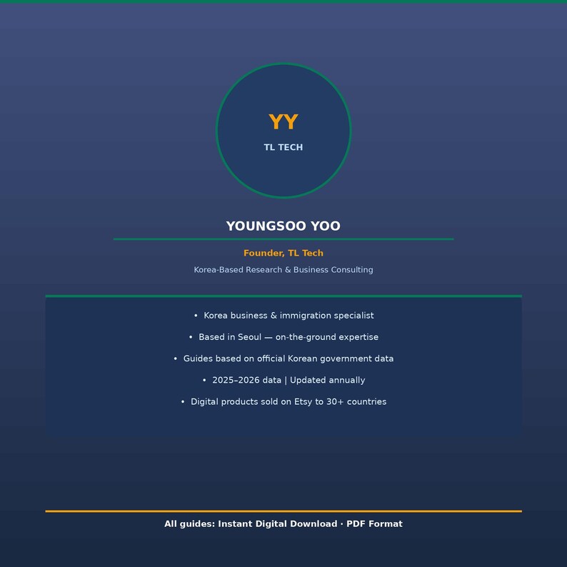 Peut inclure: Publicit&eacute; pour un produit num&eacute;rique sur fond bleu fonc&eacute;. Un cercle vert en haut affiche "YY" et "TL TECH". Le texte comprend "YOUNGSOO YOO, Fondateur, TL Tech" et des puces sur les affaires et l'immigration cor&eacute;ennes.