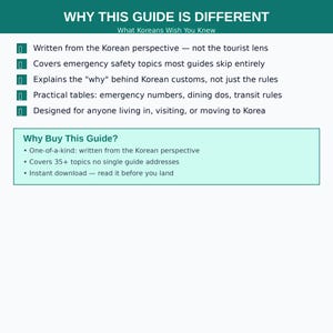Może przedstawiać: Turkusowo-biała grafika z tytułem "WHY THIS GUIDE IS DIFFERENT" i podtytułem "What Koreans Wish You Knew". Przewodnik obejmuje koreańskie zwyczaje, bezpieczeństwo w nagłych wypadkach i praktyczne tabele. Jest przeznaczony dla każdego, kto mieszka, odwiedza lub przeprowadza się do Korei.
