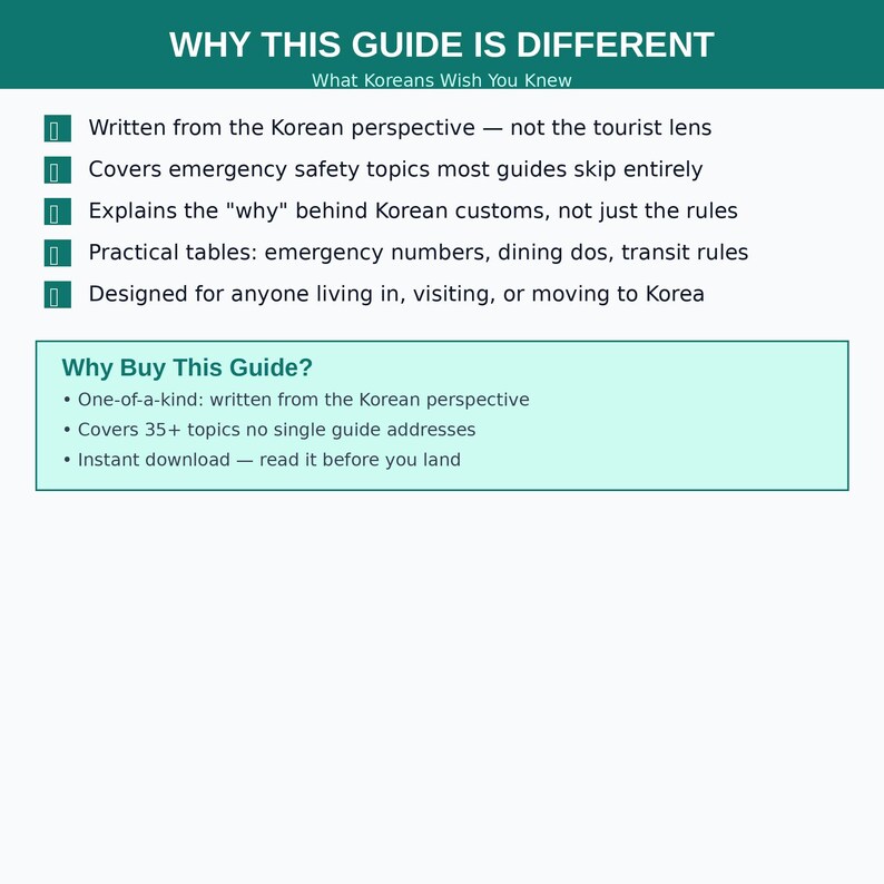 Może przedstawiać: Turkusowo-biała grafika z tytułem "WHY THIS GUIDE IS DIFFERENT" i podtytułem "What Koreans Wish You Knew". Przewodnik obejmuje koreańskie zwyczaje, bezpieczeństwo w nagłych wypadkach i praktyczne tabele. Jest przeznaczony dla każdego, kto mieszka, odwiedza lub przeprowadza się do Korei.