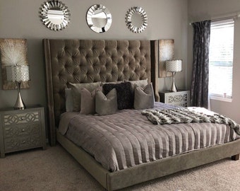 Tall Tufted Queen Bed Wingback Diamond Tufted Headboard Etsy