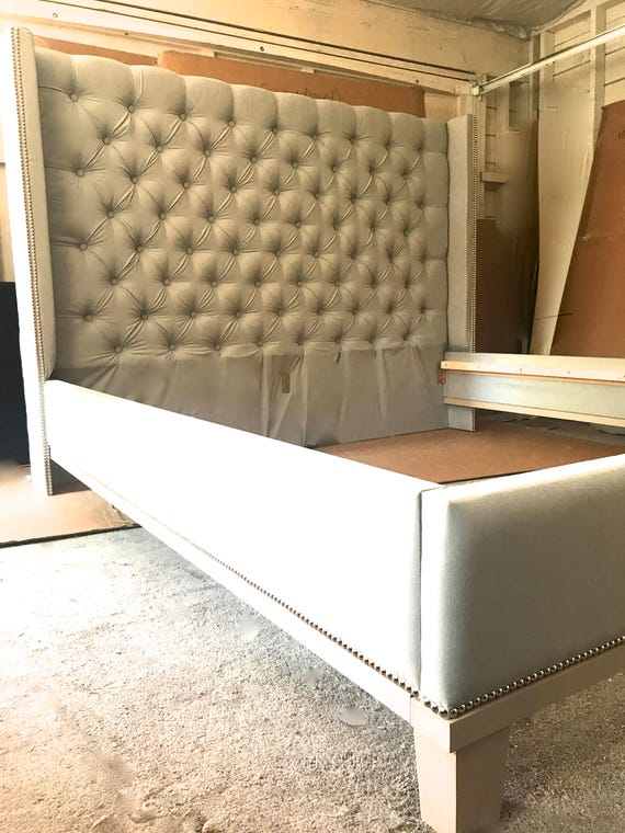 Diamond Tufted Wingback Headboard And Wood Trim Bed Frame Etsy