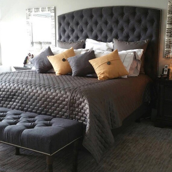 Diamond Tufted Headboard and Bench Set in Charcoal Linen ...