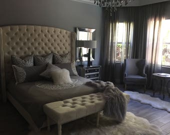 Diamond Tufted Slightly Arched Wingback Bed and Bench Set (King, Extra Extra Tall)